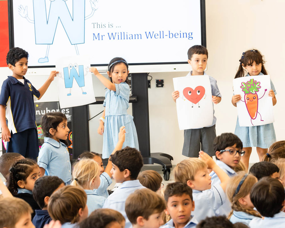 Photo of pupils holding up signs about wellbeing